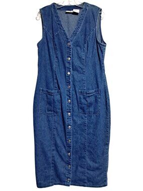 Vintage Faded Glory Denim Dress Women’s Size 14 Button-Front Sleeveless Blue 100